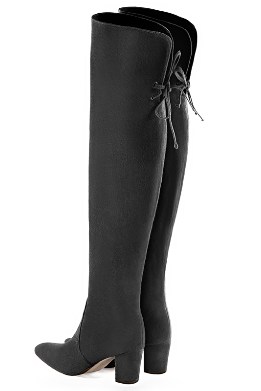 Dark grey women's leather thigh-high boots. Round toe. Medium block heels. Made to measure. Rear view - Florence KOOIJMAN